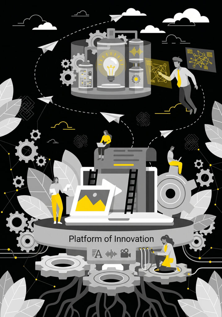 An infographic showing people on a platform and looking at data