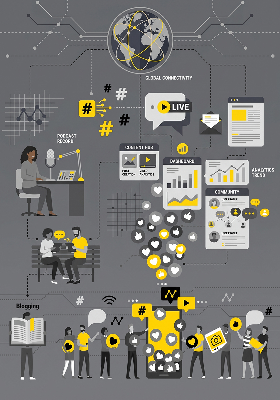 Infographic showing people using social media and reacting to trends analytics