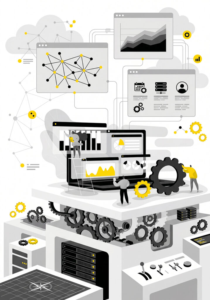 Infographic with figures on top of a machine looking at graphs