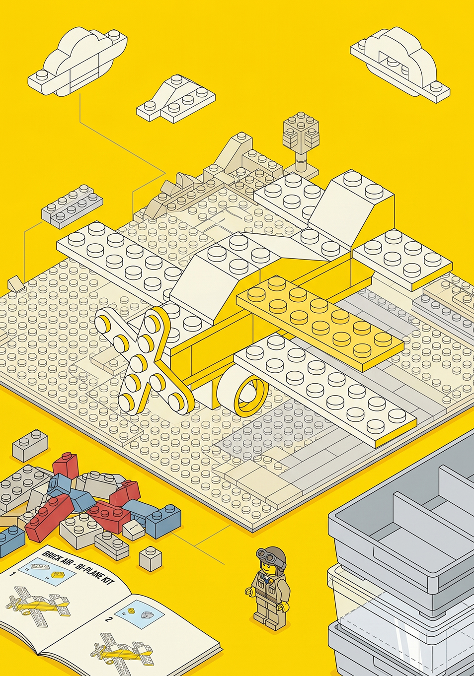 Image showing a lego-like plane with the pilot and a book with instruction