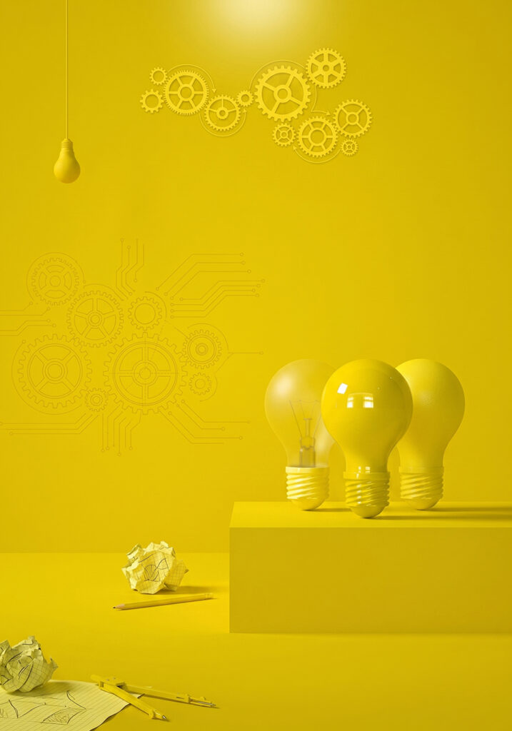 An image showing a yellow room with 3d lamps inside