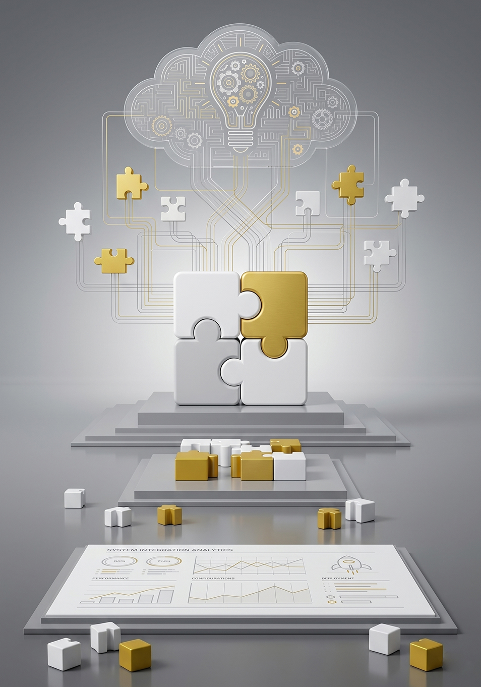 A 3D render of cubes and a puzzle at the centre