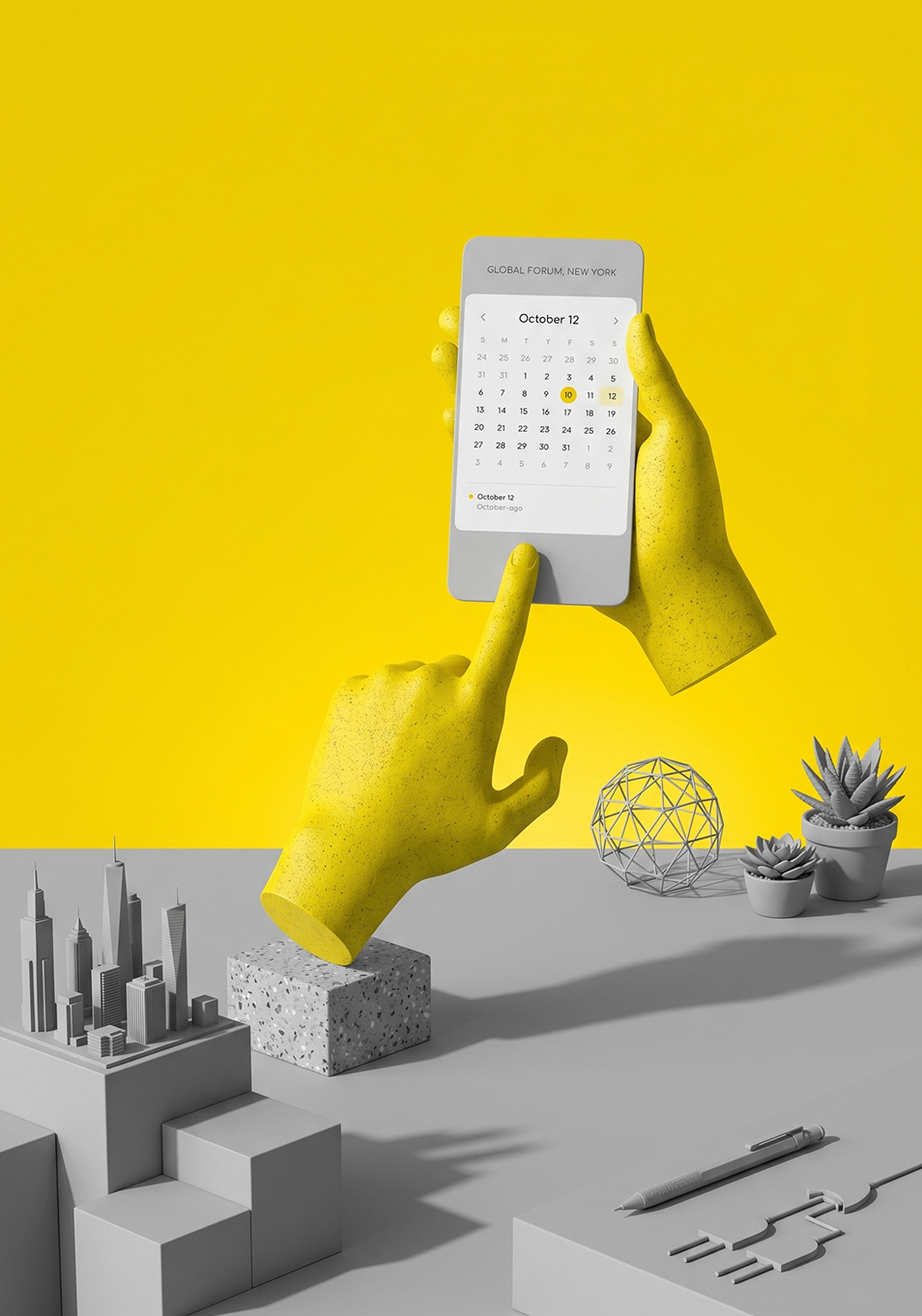 A 3D render of 2 hands holding a phone.