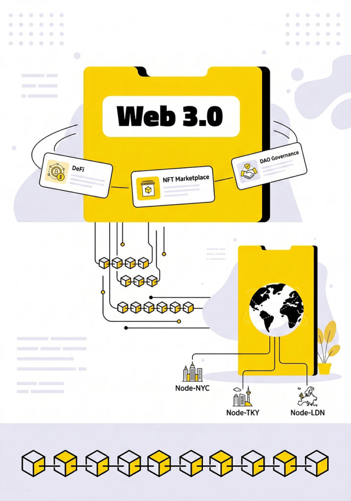 An infographic showing a file with 'Web 3.0' written on it and several internet packages