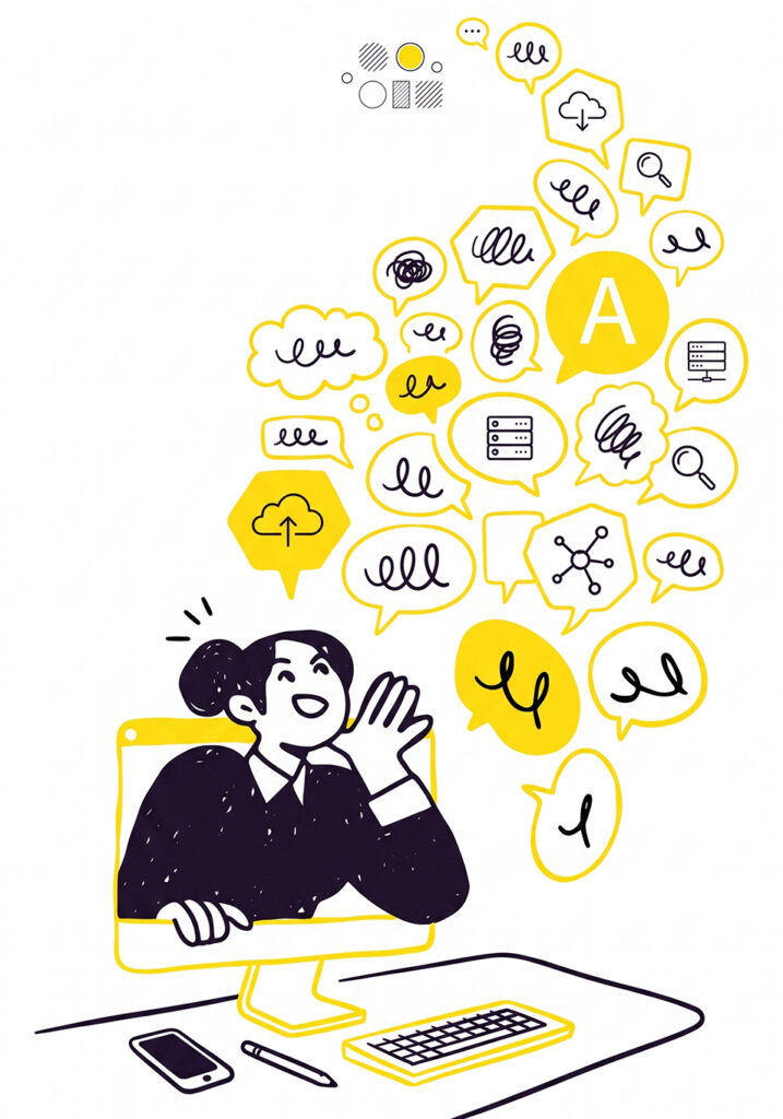 An infographic with a person coming out of a computer and speech bubbles around them