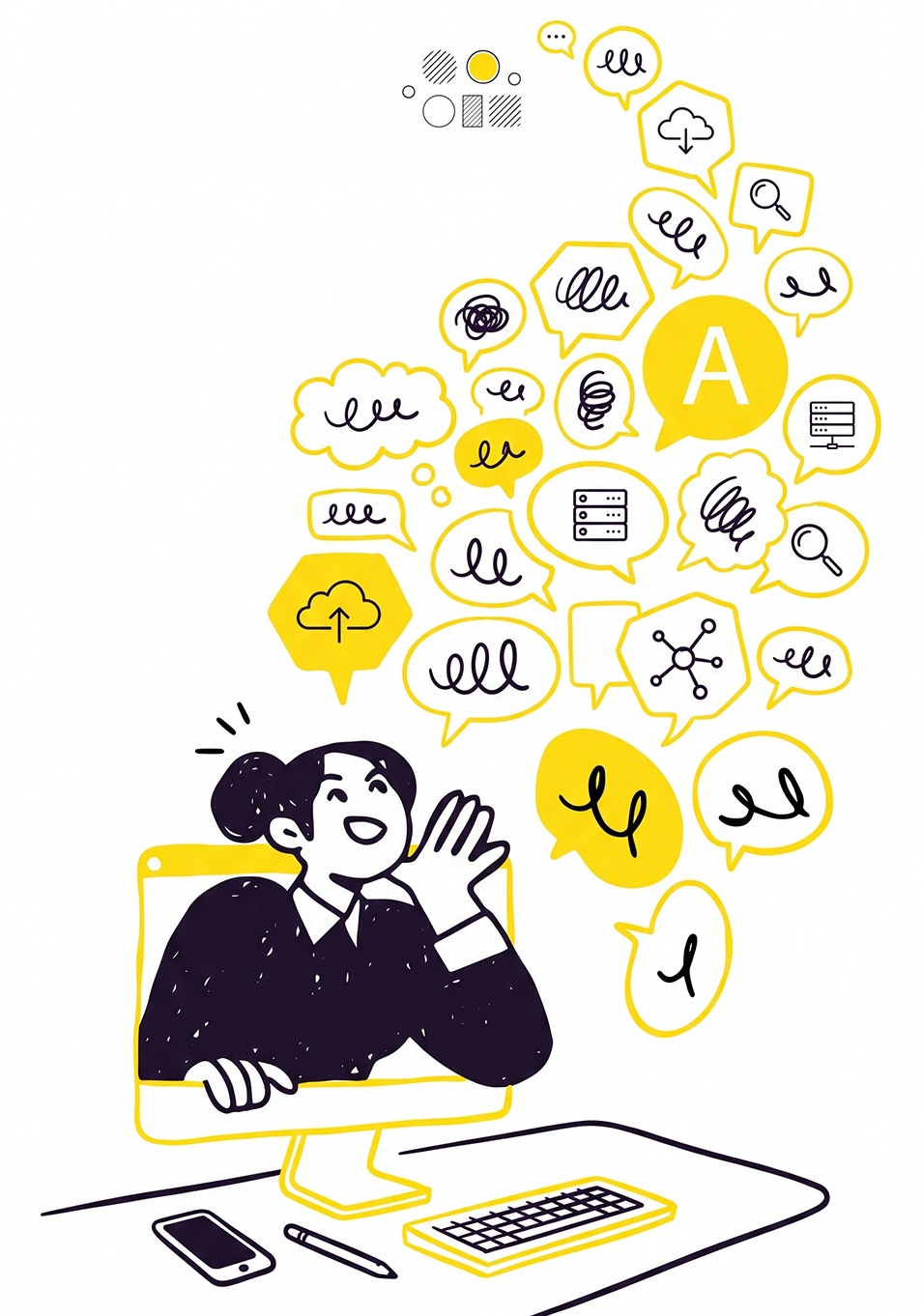 An infographic with a person coming out of a computer and speech bubbles around them