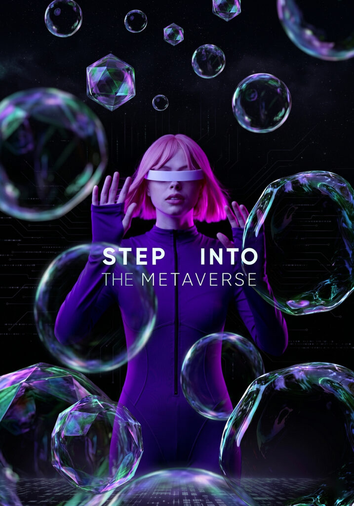 An image of a 3d person with text saying 'Step Into the Metaverse'