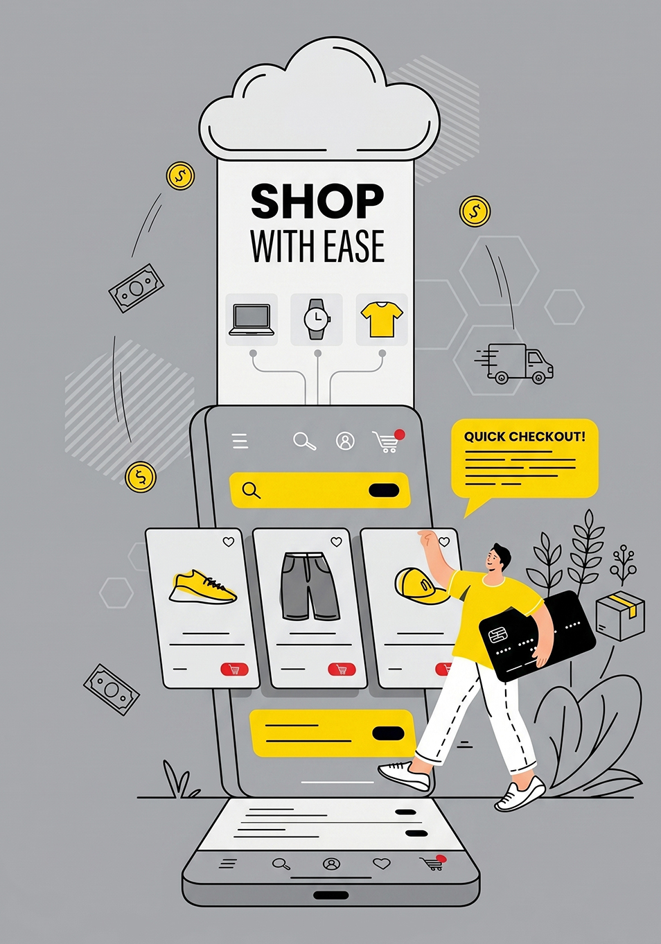 An infographics image showing a figure choosing items from a shop inside a phone