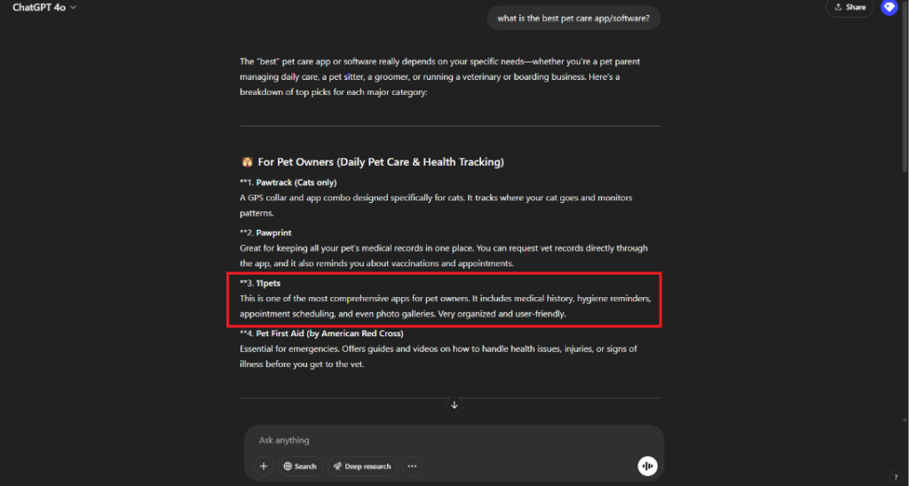 An image of ChatGPT showing 11pets as a result