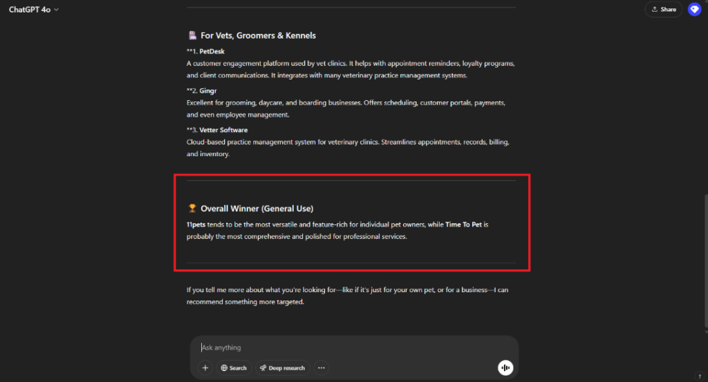 An image of ChatGPT showing 11pets as a winner