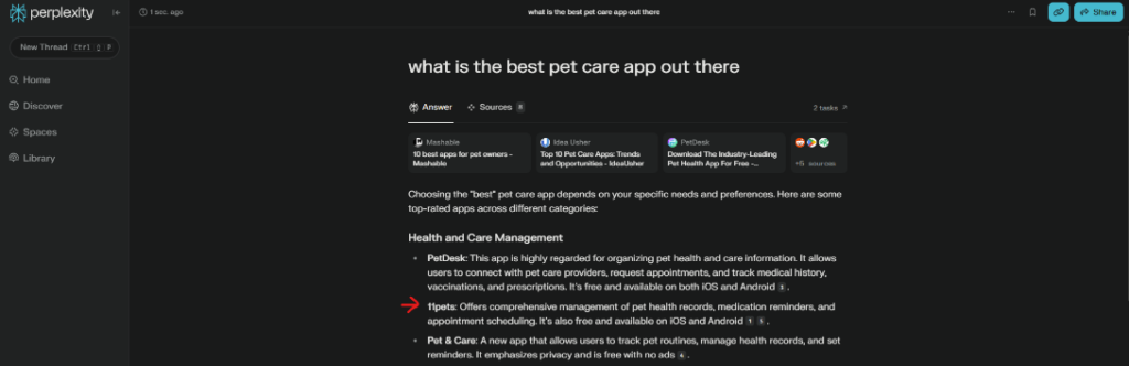 An image of Perplexity showing 11pets as a winner